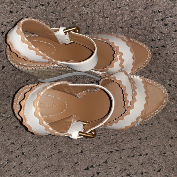 SEE BY CHLOÉ-Glyn Espadrille-Cream Leather w/Tan Trim-Sz 38-Near Mint - Picture 7 of 8